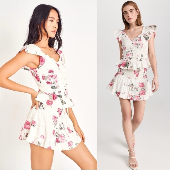 LOVESHACKFANCY Floral Swiss Dot Print Smocked High Waist Tiered Ruffle Skirt L - Picture 3 of 15